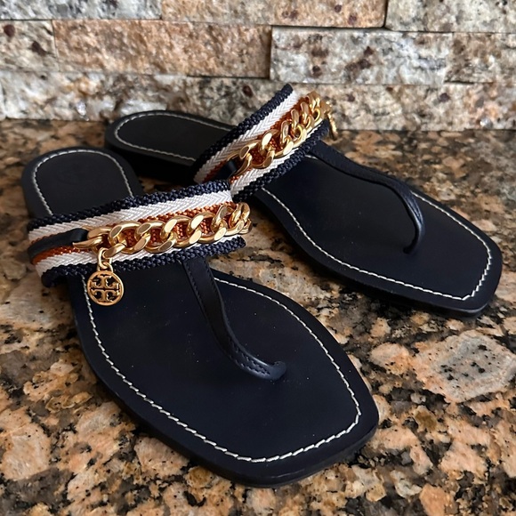 Tory Burch Mini Benton Gold Chain Band Sandal Navy Yonder - Picture 1 of 7